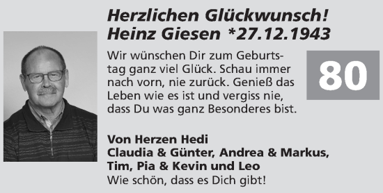 Glückwunschanzeige von Heinz Giesen von Zeitung am Sonntag