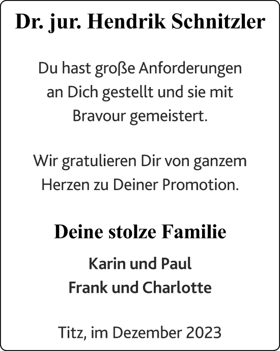 Glückwunschanzeige von Hendrik  Schnitzler von Zeitung am Sonntag
