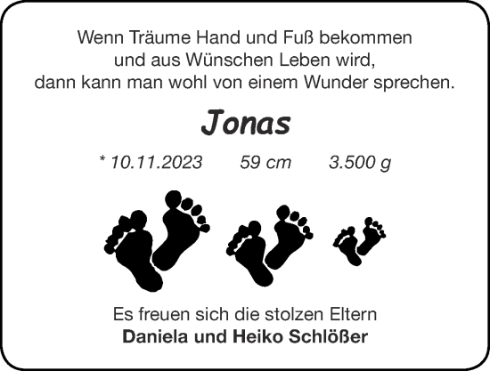 Glückwunschanzeige von Jonas  von Zeitung am Sonntag