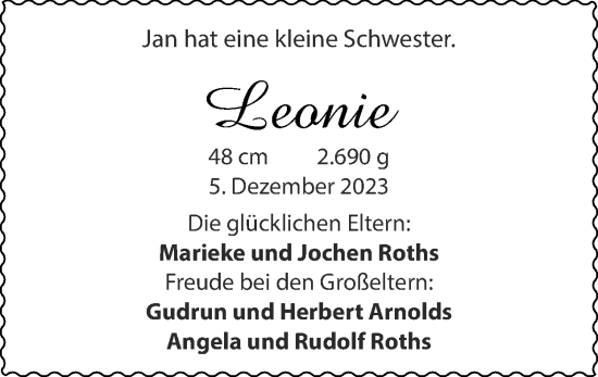 Glückwunschanzeige von Leonie Roths von Zeitung am Sonntag