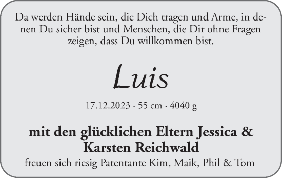 Glückwunschanzeige von Luis Reichwald von Zeitung am Sonntag