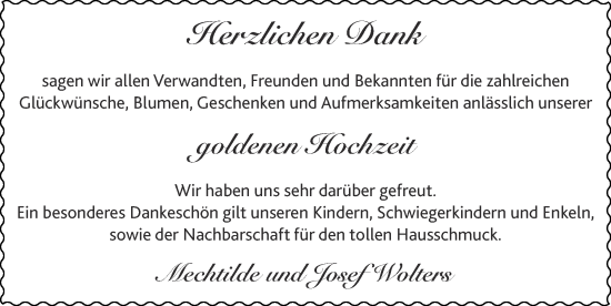 Glückwunschanzeige von Mechtilde und Josef Wolters von Zeitung am Sonntag