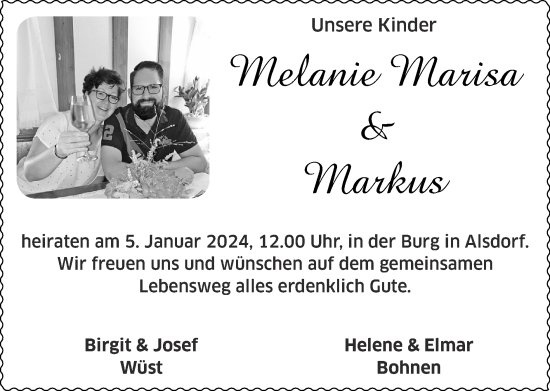 Glückwunschanzeige von Melanie Marisa und Markus  von Zeitung am Sonntag