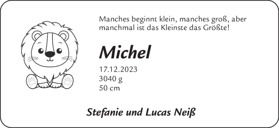 Glückwunschanzeige von Michel Neiß von Zeitung am Sonntag