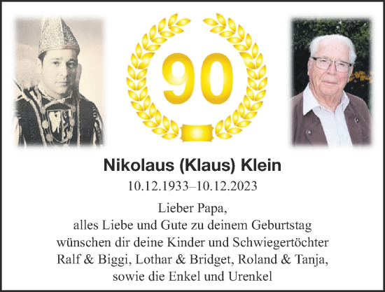 Glückwunschanzeige von Nikolaus Klein von Zeitung am Sonntag