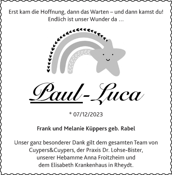 Glückwunschanzeige von Paul-Luca Küppers von Zeitung am Sonntag