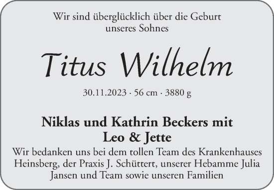 Glückwunschanzeige von Titus Wilhelm von Zeitung am Sonntag