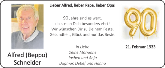 Glückwunschanzeige von Alfred Schneider von Zeitung am Sonntag