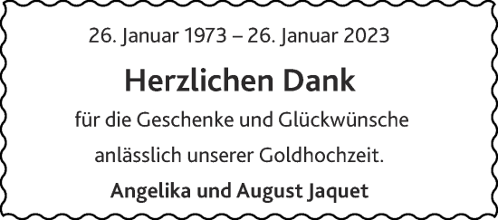 Glückwunschanzeige von Angelika und August Jaquet von Zeitung am Sonntag