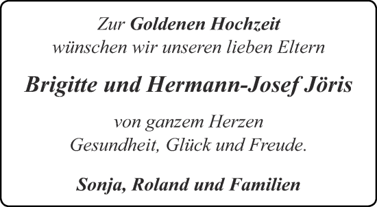 Glückwunschanzeige von Brigitte und Hermann-Josef Jöris von Aachener Zeitung / Aachener Nachrichten