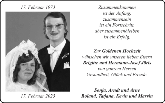 Glückwunschanzeige von Brigitte und Hermann-Josef Jöris von Zeitung am Sonntag
