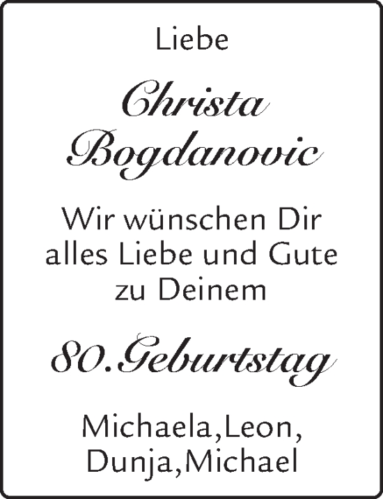 Glückwunschanzeige von Christa Bogdanovic von Zeitung am Sonntag