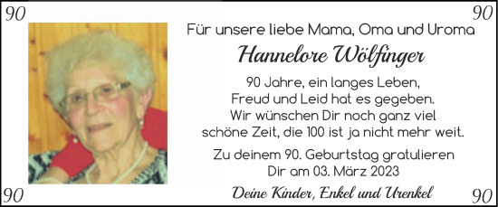 Glückwunschanzeige von Hannelore Wölfinger von Zeitung am Sonntag