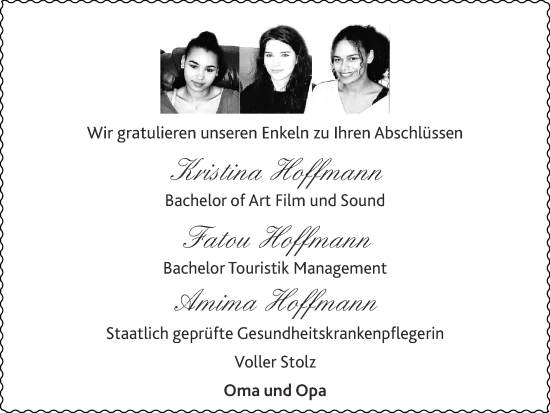 Glückwunschanzeige von Kristina, Fatou und Amima Hoffmann von Zeitung am Sonntag