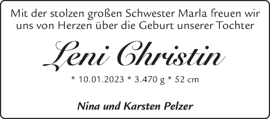 Glückwunschanzeige von Leni Christin Pelzer von Zeitung am Sonntag