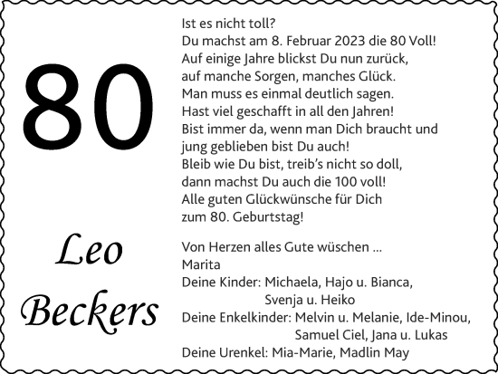 Glückwunschanzeige von Leo Beckers von Zeitung am Sonntag