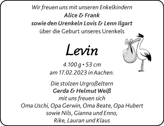 Glückwunschanzeige von Levin  von Aachener Zeitung / Aachener Nachrichten