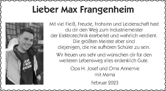 Glückwunschanzeige von Max Frangenheim von Aachener Zeitung / Aachener Nachrichten