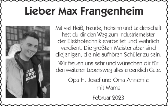 Glückwunschanzeige von Max Frangenheim von Zeitung am Sonntag