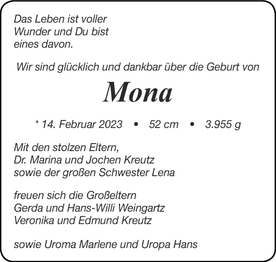 Glückwunschanzeige von Mona Kreutz von Zeitung am Sonntag