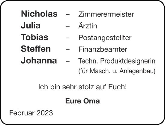 Glückwunschanzeige von Nicholas, Julia, Tobias, Steffen und Johanna  von Zeitung am Sonntag