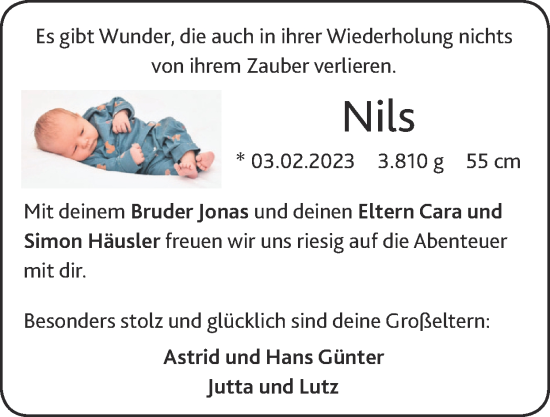 Glückwunschanzeige von Nils  von Zeitung am Sonntag