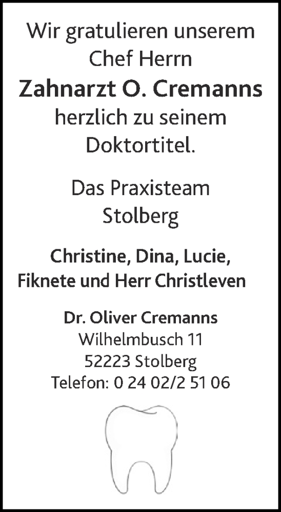 Glückwunschanzeige von O. Cremanns  von Zeitung am Sonntag
