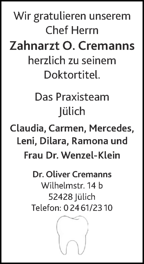 Glückwunschanzeige von O. Cremanns  von Zeitung am Sonntag