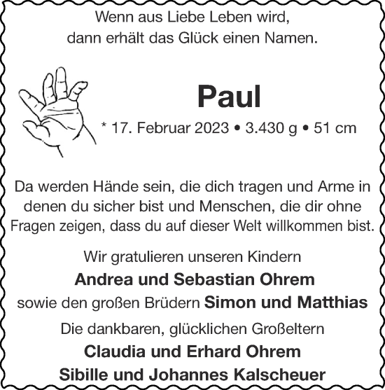 Glückwunschanzeige von Paul Ohrem von Zeitung am Sonntag
