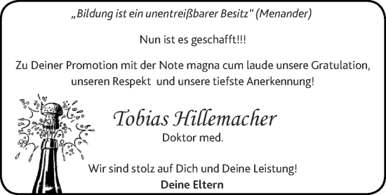 Glückwunschanzeige von Tobias Hillemacher von Zeitung am Sonntag