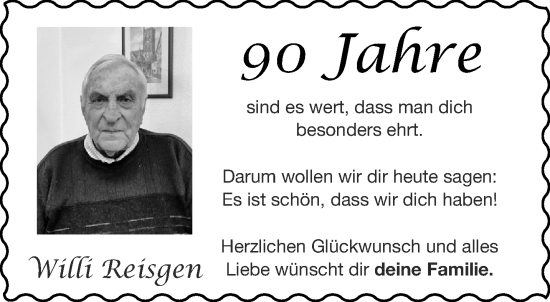 Glückwunschanzeige von Willi Reisgen von Aachener Zeitung / Aachener Nachrichten