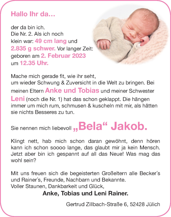 Glückwunschanzeige von „Bela“ Jakob  von Zeitung am Sonntag