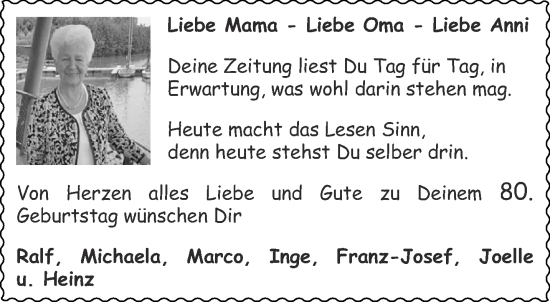 Glückwunschanzeige von Anni  von Aachener Zeitung
