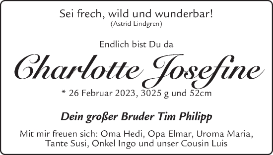 Glückwunschanzeige von Charlotte Josefine  von Zeitung am Sonntag