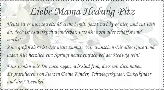 Glückwunschanzeige von Hedwig Pitz von Aachener Zeitung / Aachener Nachrichten