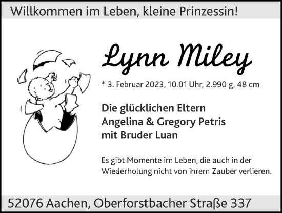 Glückwunschanzeige von Lynn Miley  von Zeitung am Sonntag