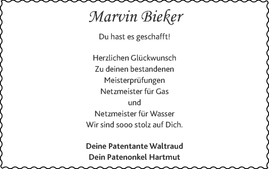 Glückwunschanzeige von Marvin Bieker von Zeitung am Sonntag