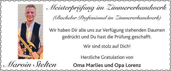 Glückwunschanzeige von Marvin Stelten von Zeitung am Sonntag