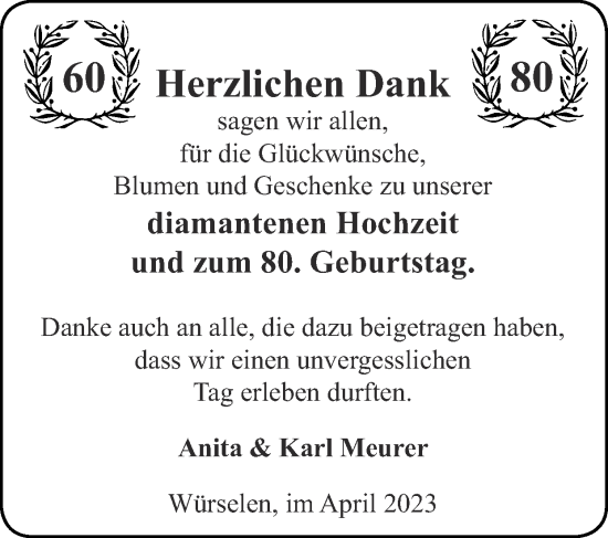 Glückwunschanzeige von Anita und Karl Meurer von Zeitung am Sonntag