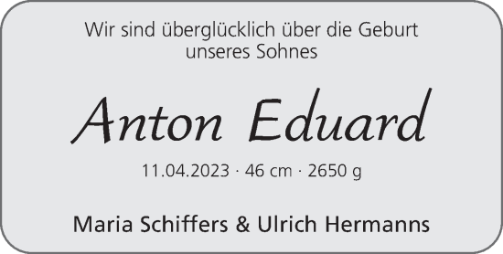 Glückwunschanzeige von Anton Eduard  von Zeitung am Sonntag