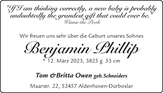 Glückwunschanzeige von Benjamin Phillip Owen von Zeitung am Sonntag