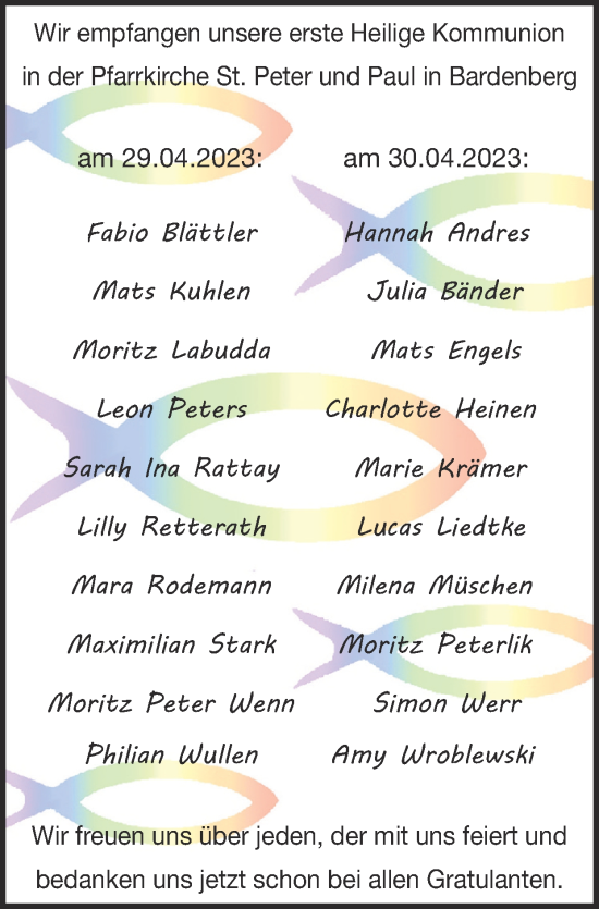 Glückwunschanzeige von erste heilige Kommunion in der Pfarrkiche St.Peter und Paul von Zeitung am Sonntag