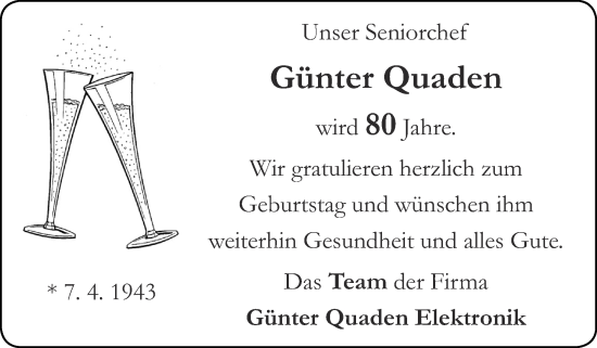 Glückwunschanzeige von Günter Quaden von Zeitung am Sonntag