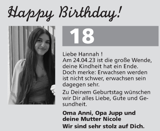 Glückwunschanzeige von Hannah  von Zeitung am Sonntag