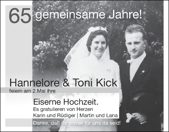 Glückwunschanzeige von Hannelore und Toni Kick von Zeitung am Sonntag