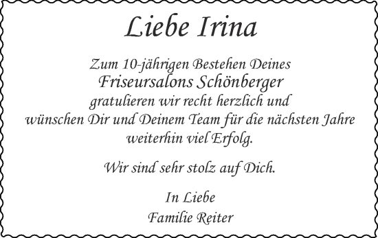 Glückwunschanzeige von Irina  von Zeitung am Sonntag