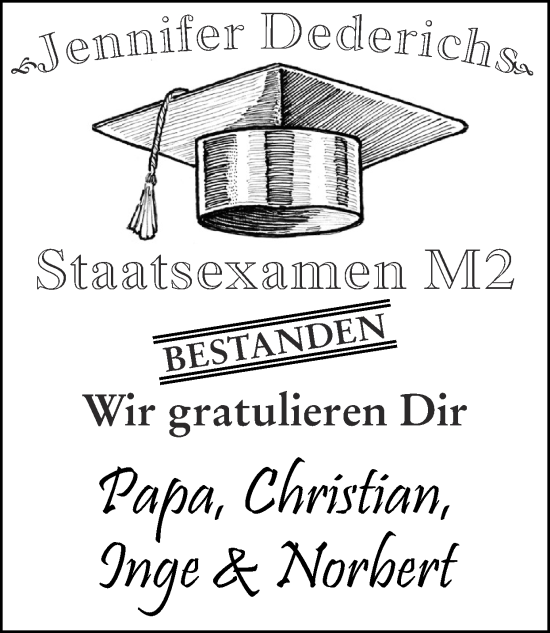 Glückwunschanzeige von Jennifer Dederichs von Zeitung am Sonntag