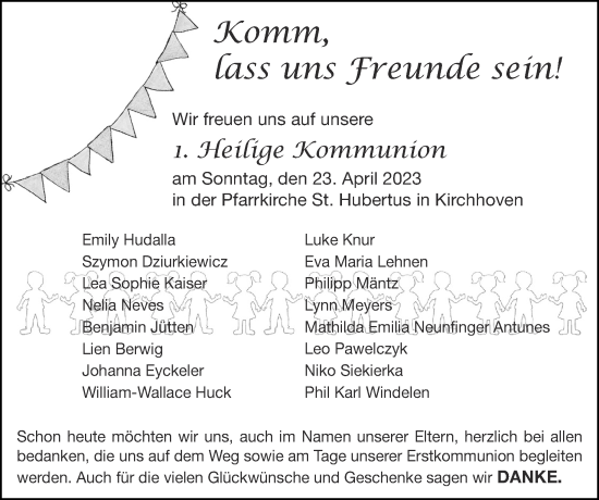 Glückwunschanzeige von KommunionPfarrkirche St. Hubertus Kirchhoven  von Zeitung am Sonntag