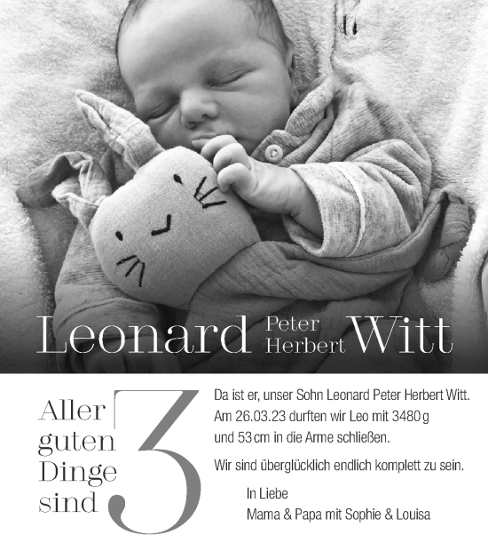 Glückwunschanzeige von Leonard Peter Herbert Witt von Zeitung am Sonntag