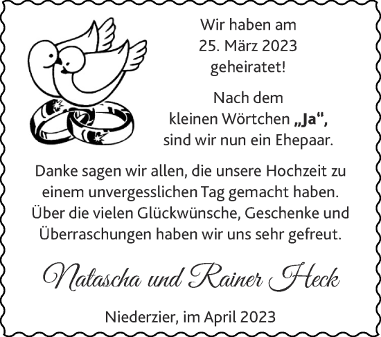Glückwunschanzeige von Natascha und Rainer Heck von Zeitung am Sonntag